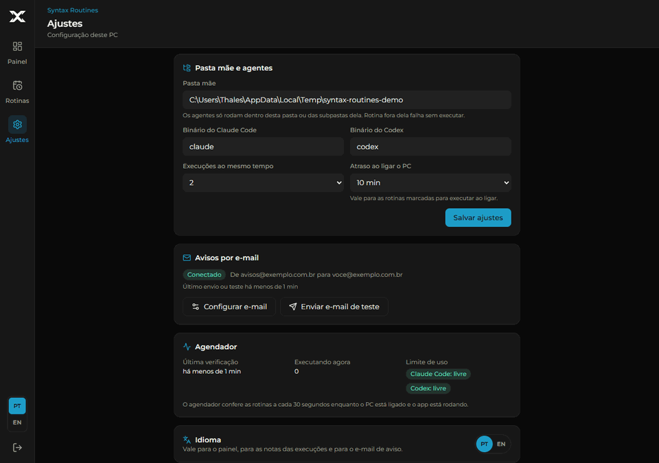 Tela de ajustes do Syntax Routines em um mockup de notebook