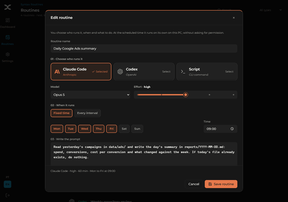 Claude Code routine dialog fully visible