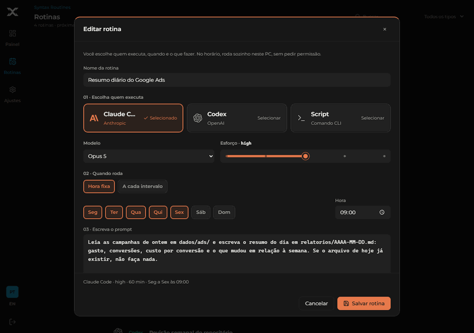 Modal de rotina Claude Code totalmente visível