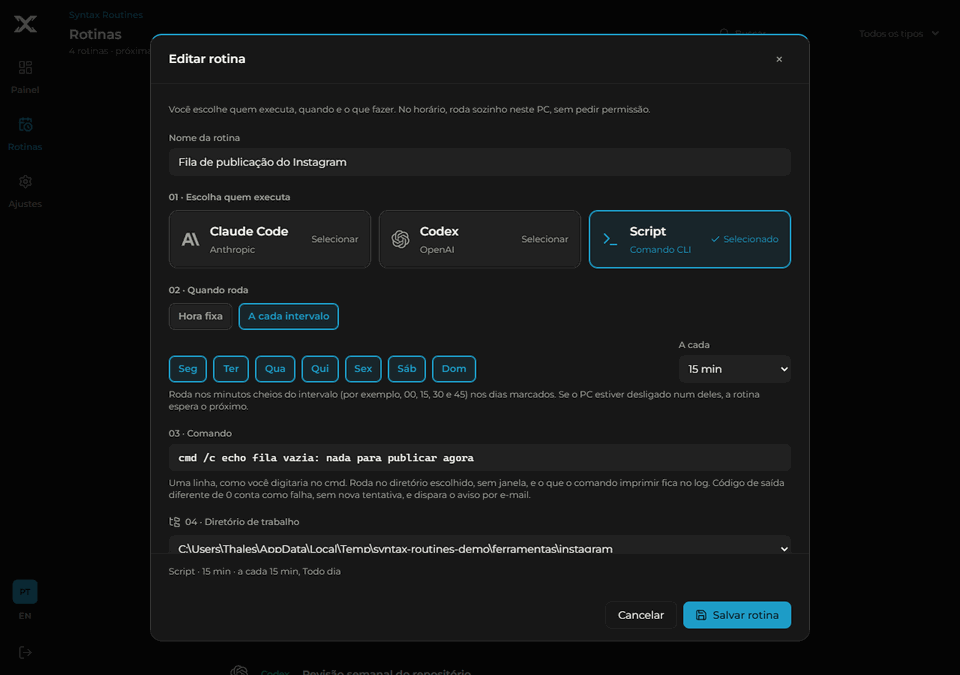 Modal de rotina de script totalmente visível